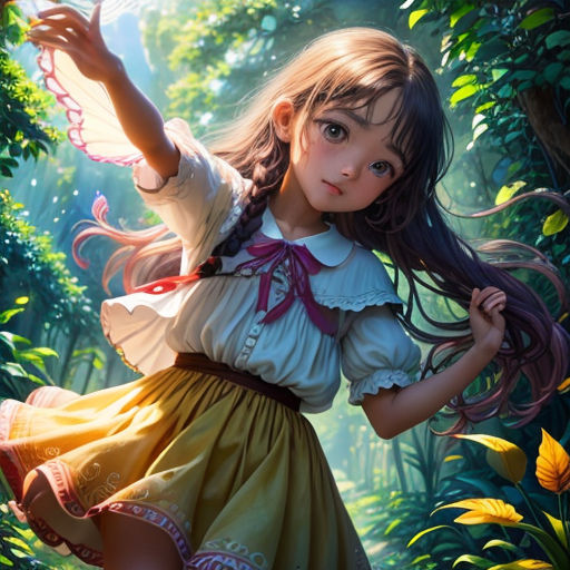 a girl in a forest with a butterfly in her hand and a bird in her hand, flying through the air