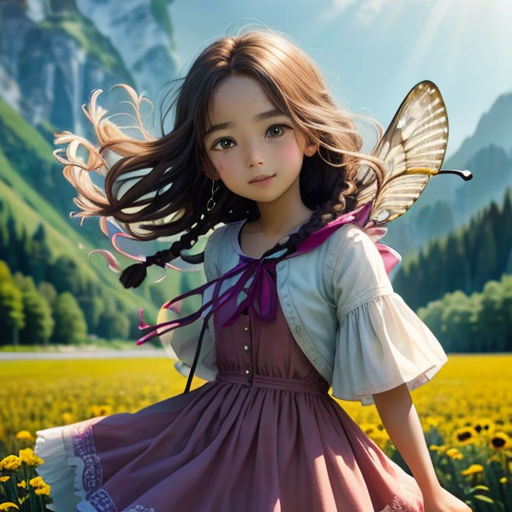 a girl in a dress with a butterfly on her shoulder in a field of flowers with mountains in the background
