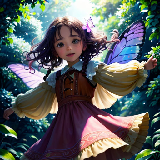 a little girl dressed in a fairy costume with a butterfly on her shoulder and a purple dress on her shoulders