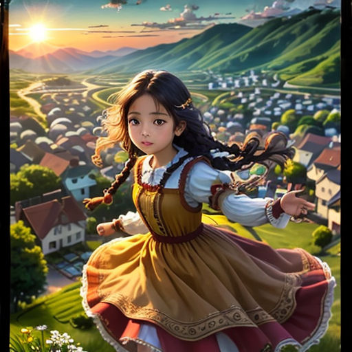 a girl in a dress is flying over a town with a bird in the sky and a bird in the sky