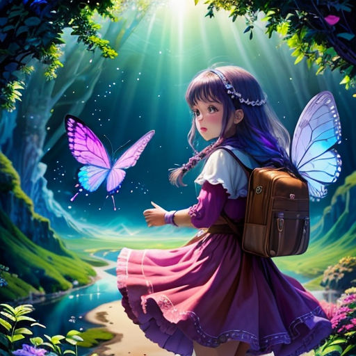 a girl with a backpack and a butterfly flying over her shoulder in a forest scene with a stream and a stream