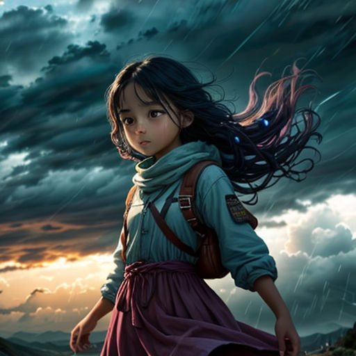 a girl with long hair walking in the rain with a backpack on her shoulder and a dark sky behind her