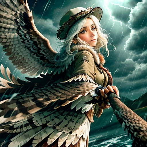 a woman with a large bird on her arm and a hat on her head, holding a stick in the rain