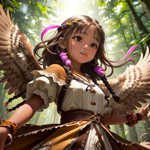 a girl with wings in a forest with trees in the background and sunlight shining through her hair and her hands