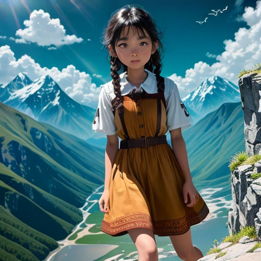a girl in a brown dress standing on a mountain top with a mountain range in the background and a bird flying overhead