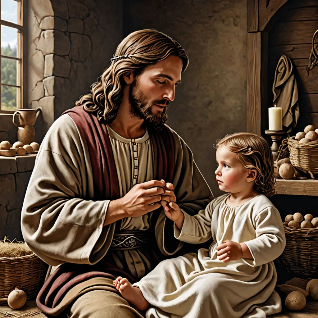 a painting of jesus with a child in a room with eggs and bread on the floor and a basket of eggs, figurative art, a storybook illustration, Brothers Hildebrandt, radiant light