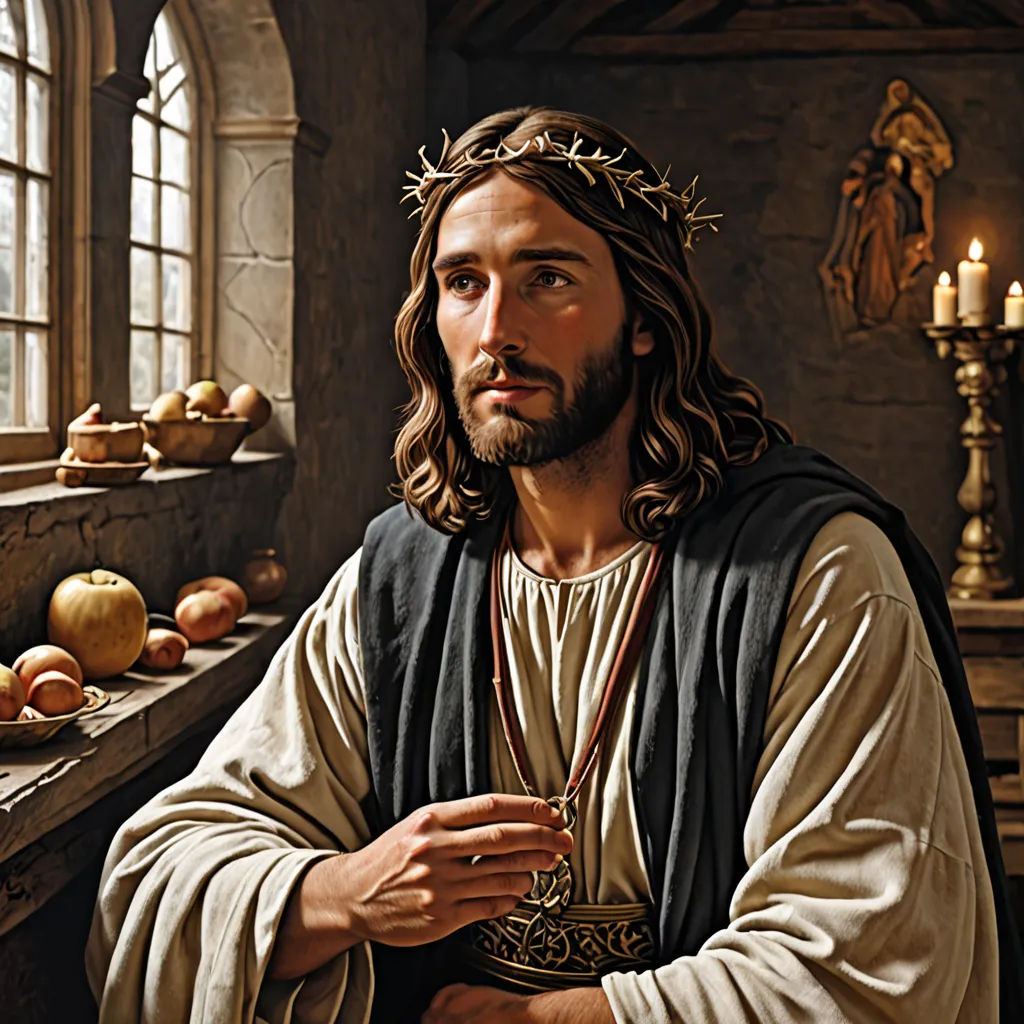 a painting of jesus in a room with a lot of fruit on the table and candles on the table, gothic art, a fine art painting, Carl Heinrich Bloch, renaissance oil painting