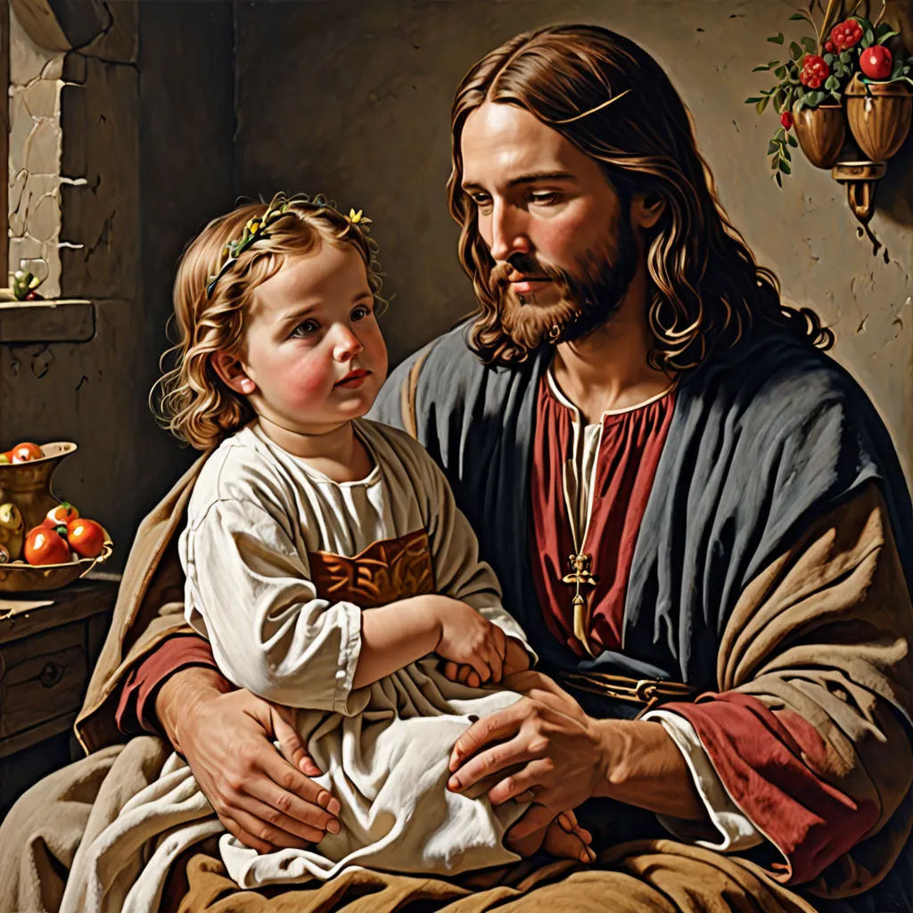 a painting of a man holding a child in his lap and a painting of a woman holding a child in her lap, gothic art, an oil on canvas painting, Carl Heinrich Bloch, renaissance oil painting