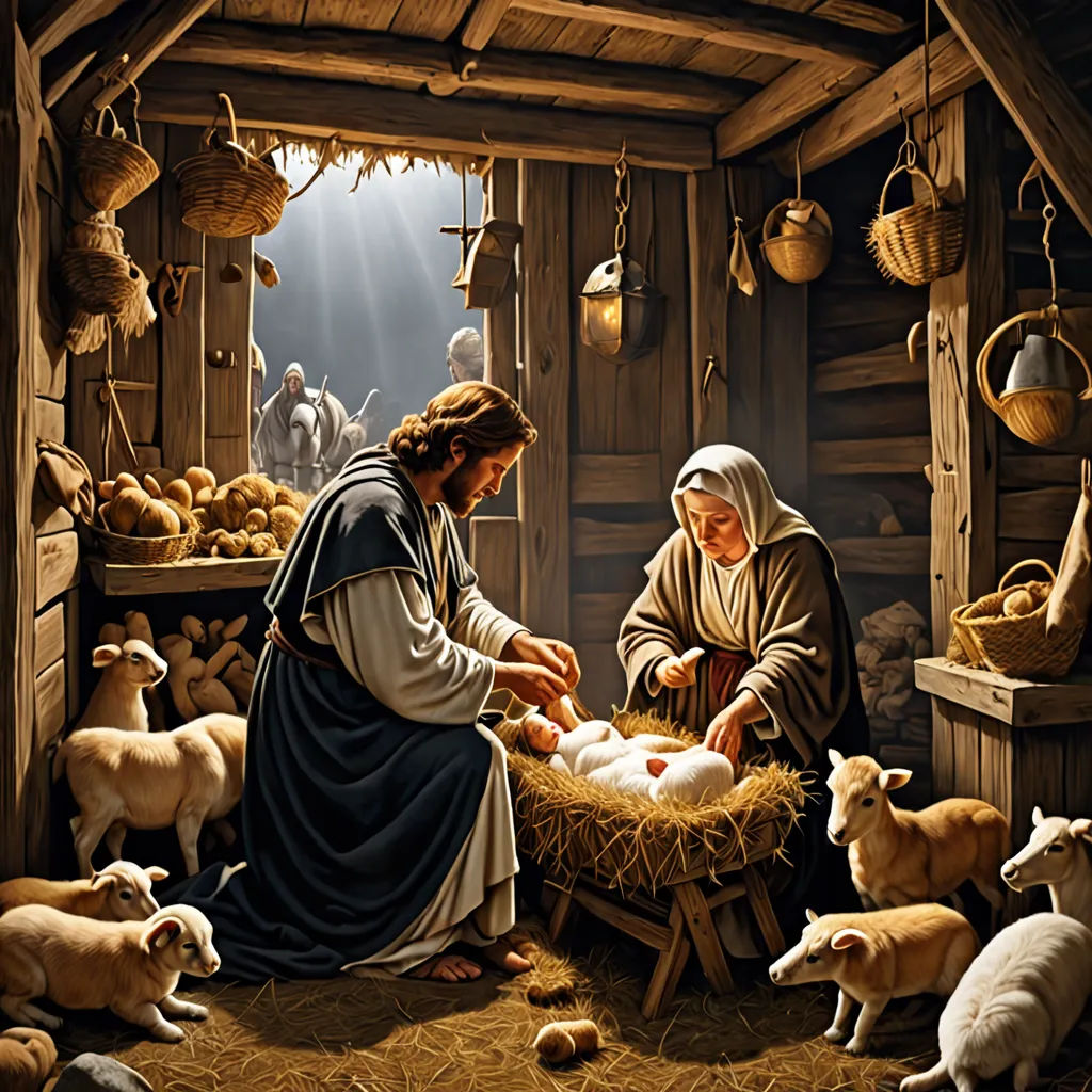 a painting of a nativity scene with a baby jesus in a manger scene with sheep and sheep, naive art, a storybook illustration, Ernest William Christmas, radiant light
