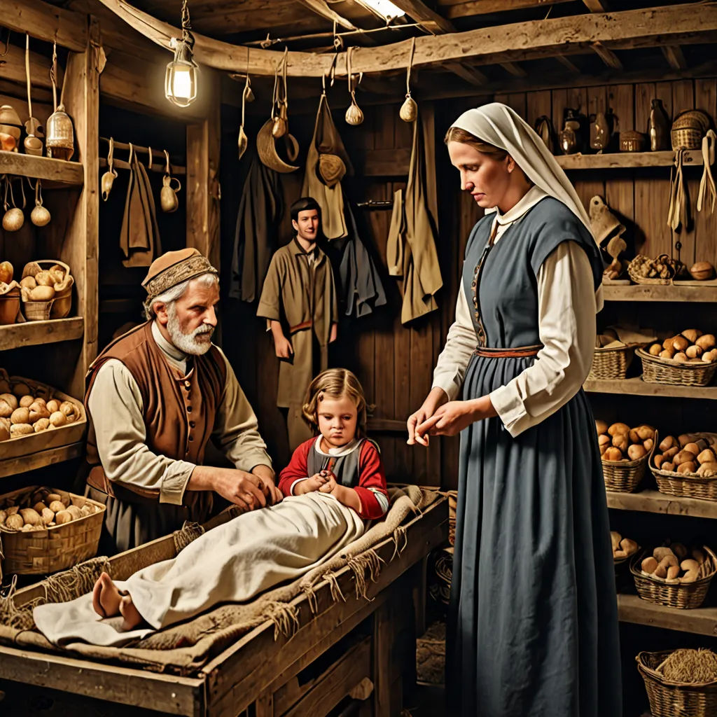 a woman and a man are in a room with a baby in a bed and other people around the room, arts and crafts movement, a detailed matte painting, Annie Leibovitz, promotional image