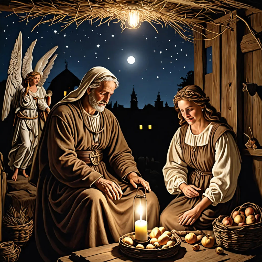 a painting of a man and woman sitting in a manger with a candle in front of them and a basket of eggs, figurative art, a storybook illustration, Donato Giancola, radiant light