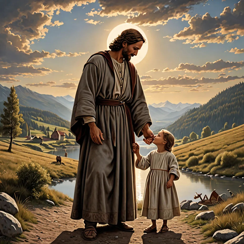 a painting of jesus holding the hand of a little girl in a field with mountains in the background and a sunset, naive art, a storybook illustration, Brothers Hildebrandt, radiant light