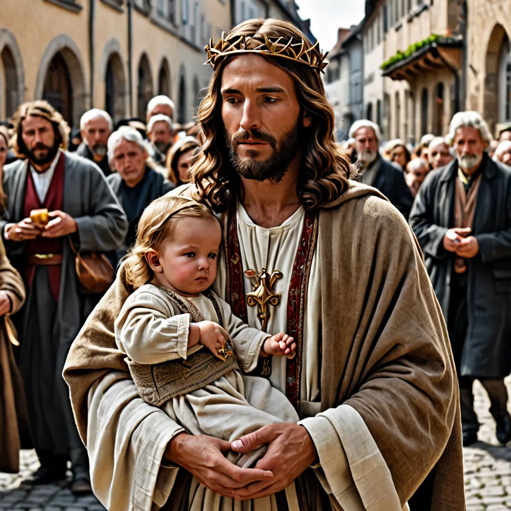 a man holding a baby in his arms in front of a crowd of people in a street with buildings, mannerism, a stock photo, Dionisius, promotional image