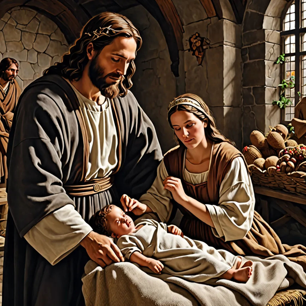 a painting of a man and woman with a baby in a manger scene with a manger scene, gothic art, a storybook illustration, Edward George Handel Lucas, renaissance oil painting