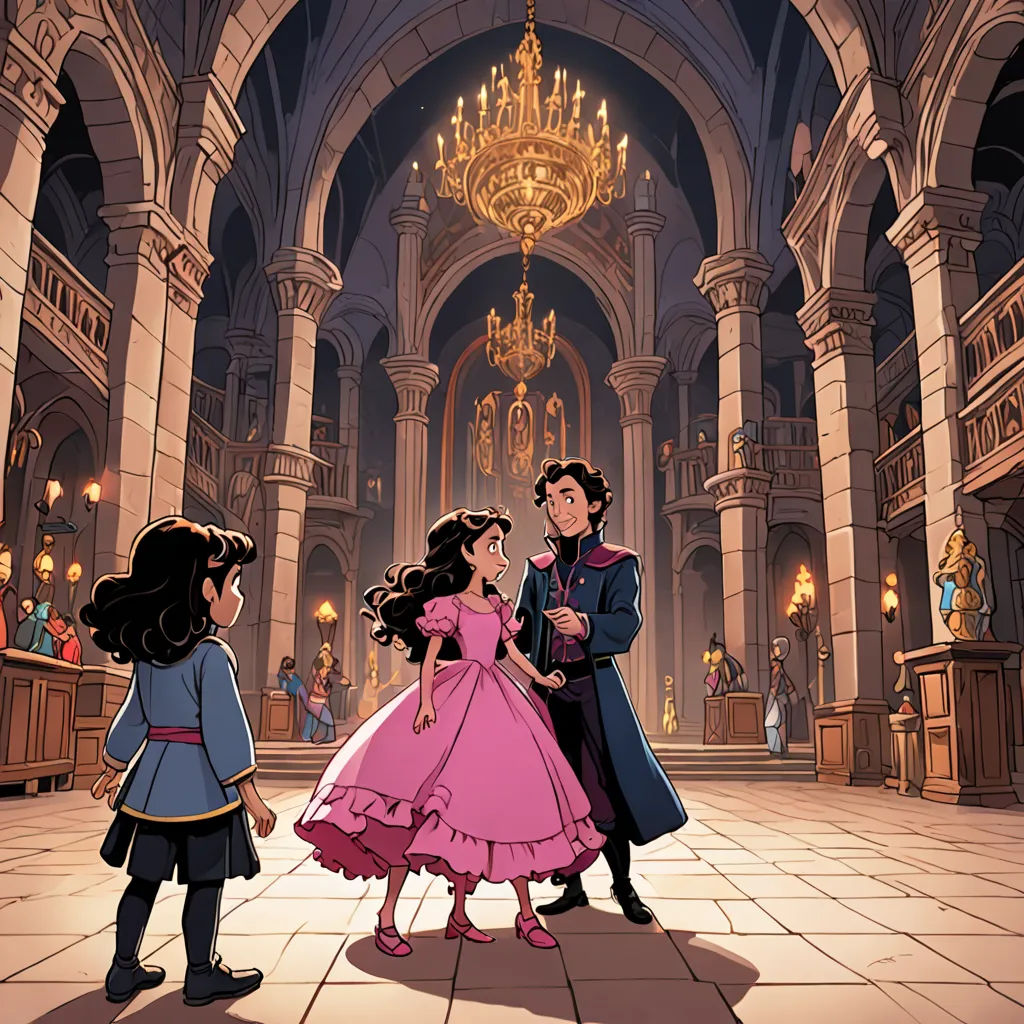 a cartoon of a man and woman in a palace with chandeliers and chandeliers hanging from the ceiling, fantasy art, a storybook illustration, disney, official art