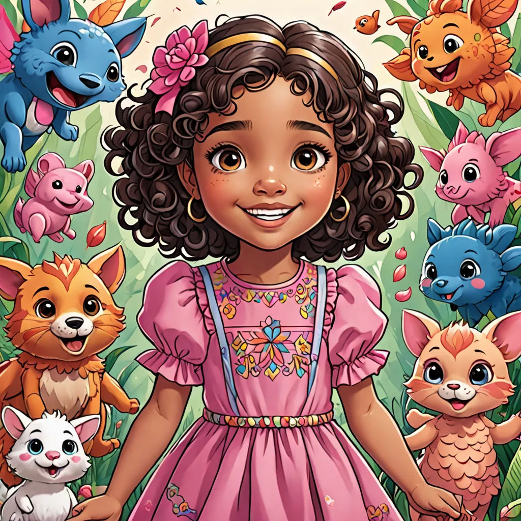 a girl in a pink dress surrounded by cats and other animals in a jungle setting with a pink background, furry art, a storybook illustration, Ella Guru, comic cover art