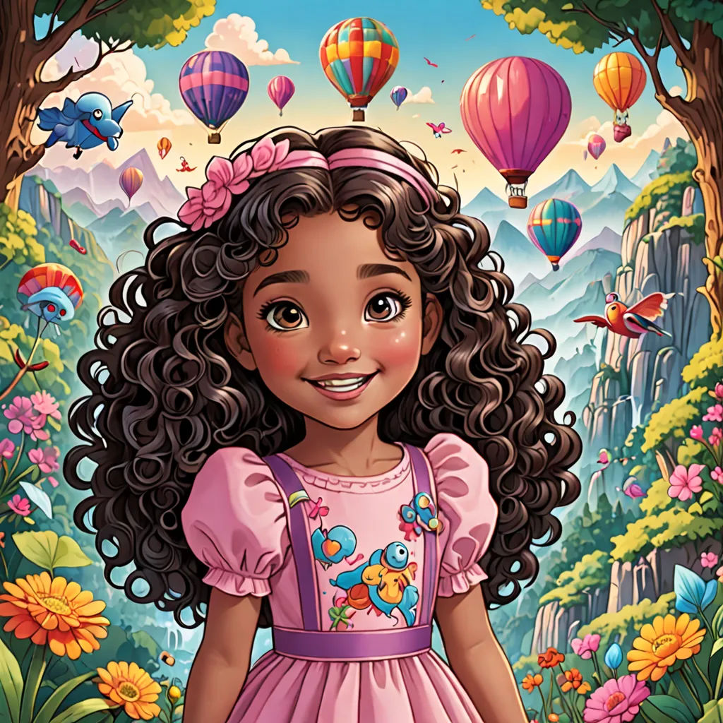 a cartoon girl in a pink dress standing in a forest with hot air balloons in the sky above her, fantasy art, a storybook illustration, Alice Prin, highly detailed digital art