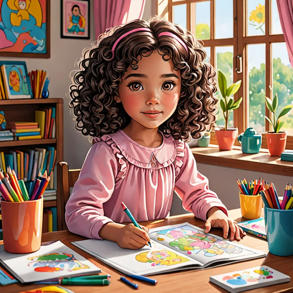 a painting of a little girl sitting at a desk with a book and pencils in front of her, naive art, a storybook illustration, artist, highly detailed digital painting