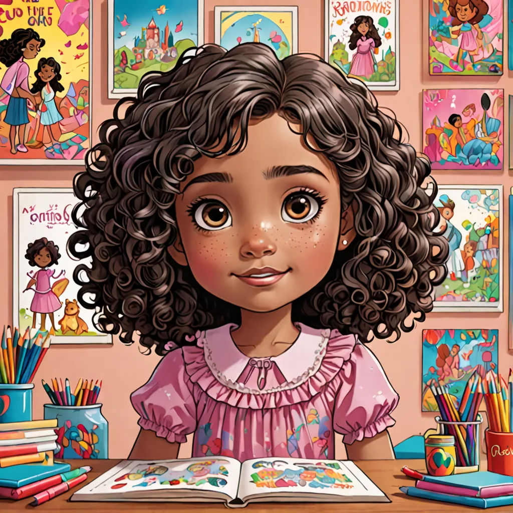 a cartoon girl is sitting at a desk with a book and pencils in front of her and a bunch of books on the wall, process art, a storybook illustration, artist, art station