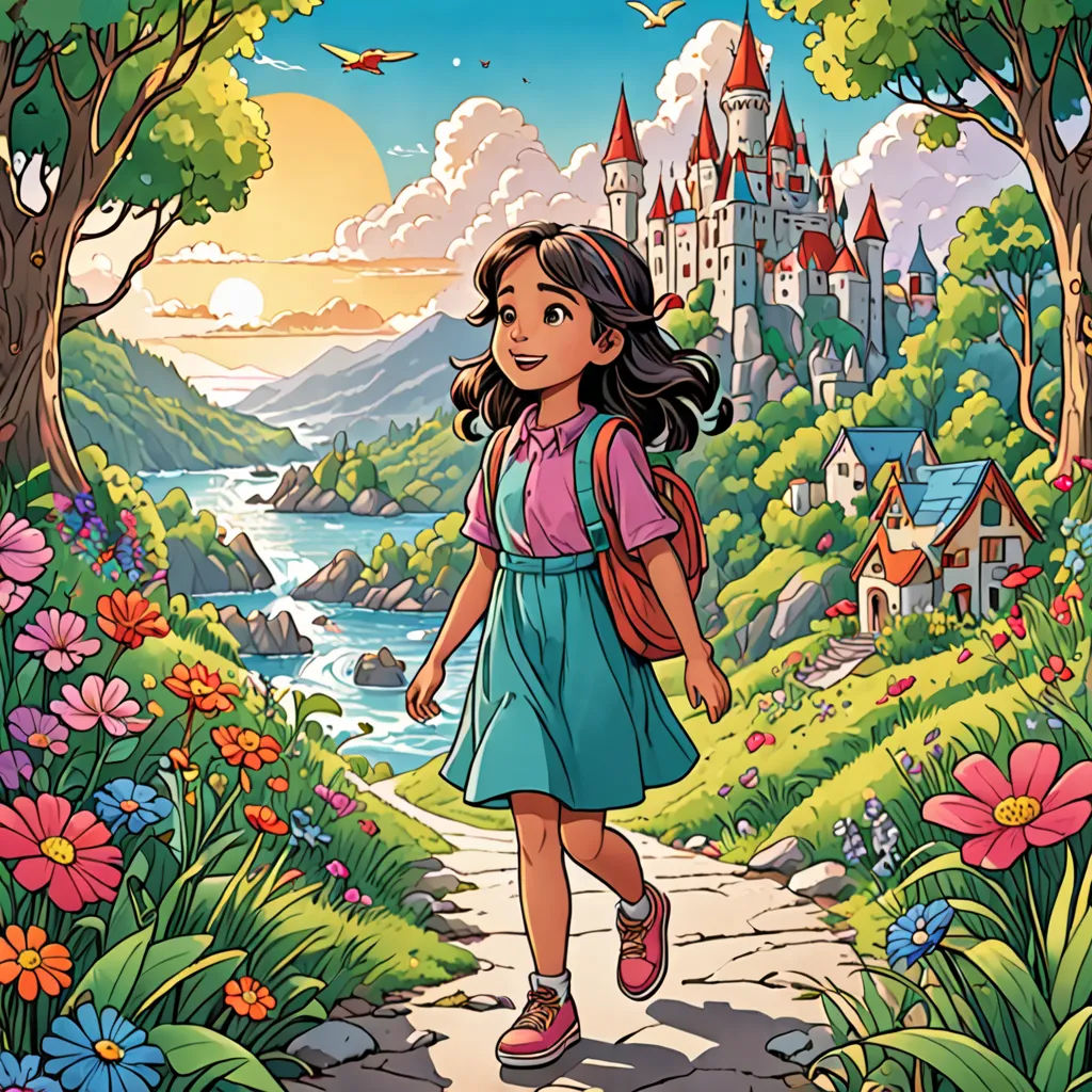 a girl walking down a path in a forest with flowers and a castle in the background, with a bird flying overhead, fantasy art, a storybook illustration, Cliff Childs, comic cover art