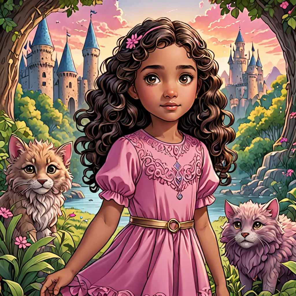 a girl in a pink dress standing in front of a castle with two cats and a cat behind her, fantasy art, a storybook illustration, Anne Stokes, kinkade