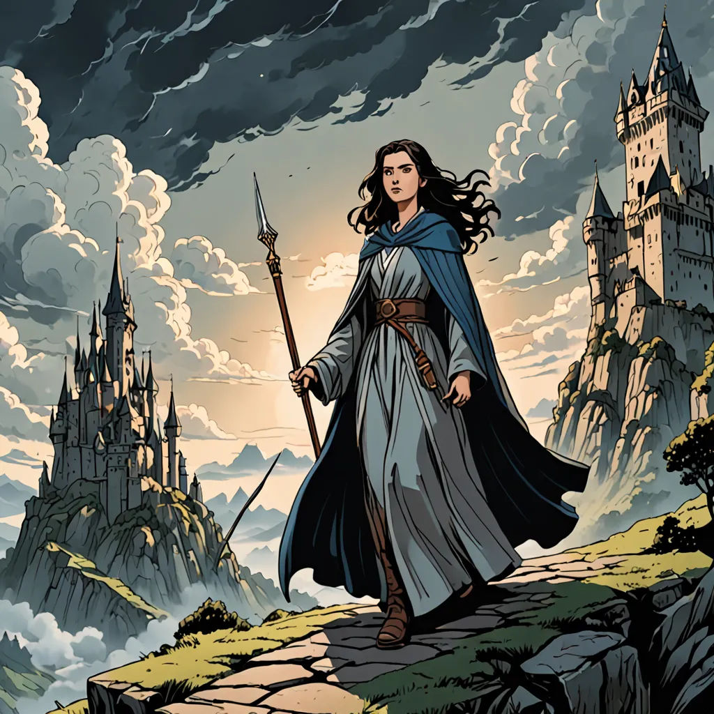 a woman in a long dress holding a sword and standing on a rock with a castle in the background, fantasy art, a comic book panel, Cedric Peyravernay, comic cover art