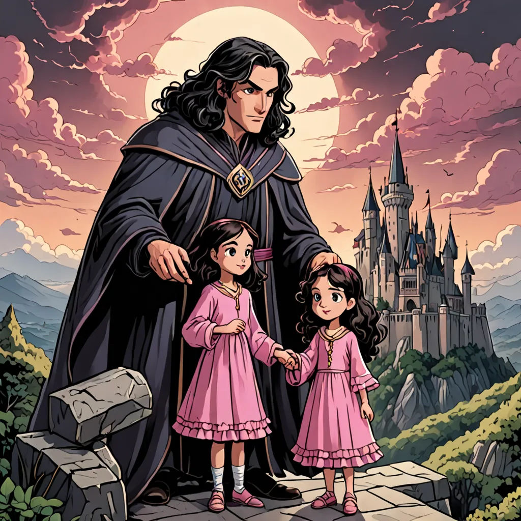 a cartoon of a man and a little girl standing in front of a castle with a giant wizard's castle in the background, fantasy art, a storybook illustration, Brothers Hildebrandt, comic cover art