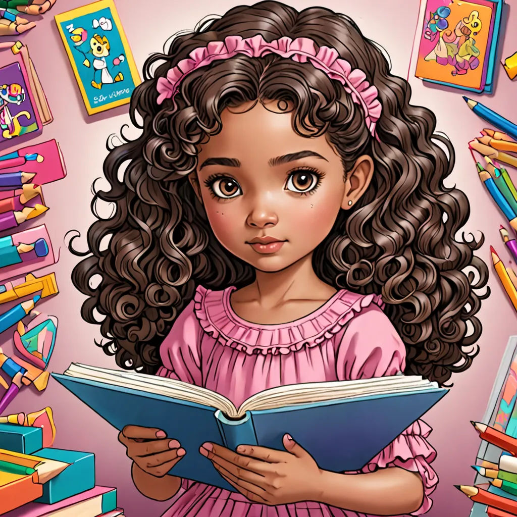 a girl reading a book surrounded by books and toys on a pink background with a pink background and a pink background with a girl with curly hair, fantasy art, a storybook illustration, Chris LaBrooy, storybook illustration
