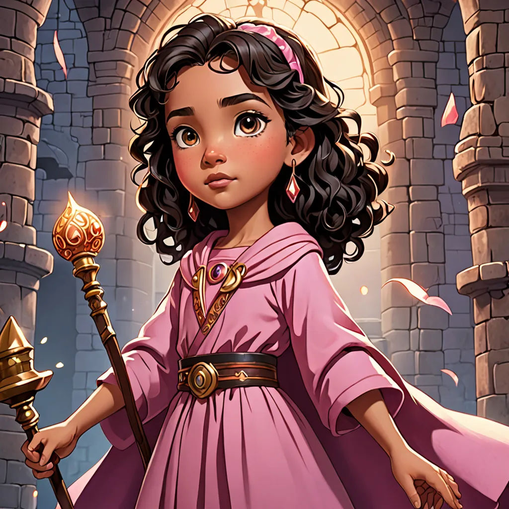 a cartoon girl in a pink dress holding a wand and a golden cup in her hand and a castle in the background, fantasy art, a character portrait, Ella Guru, official art