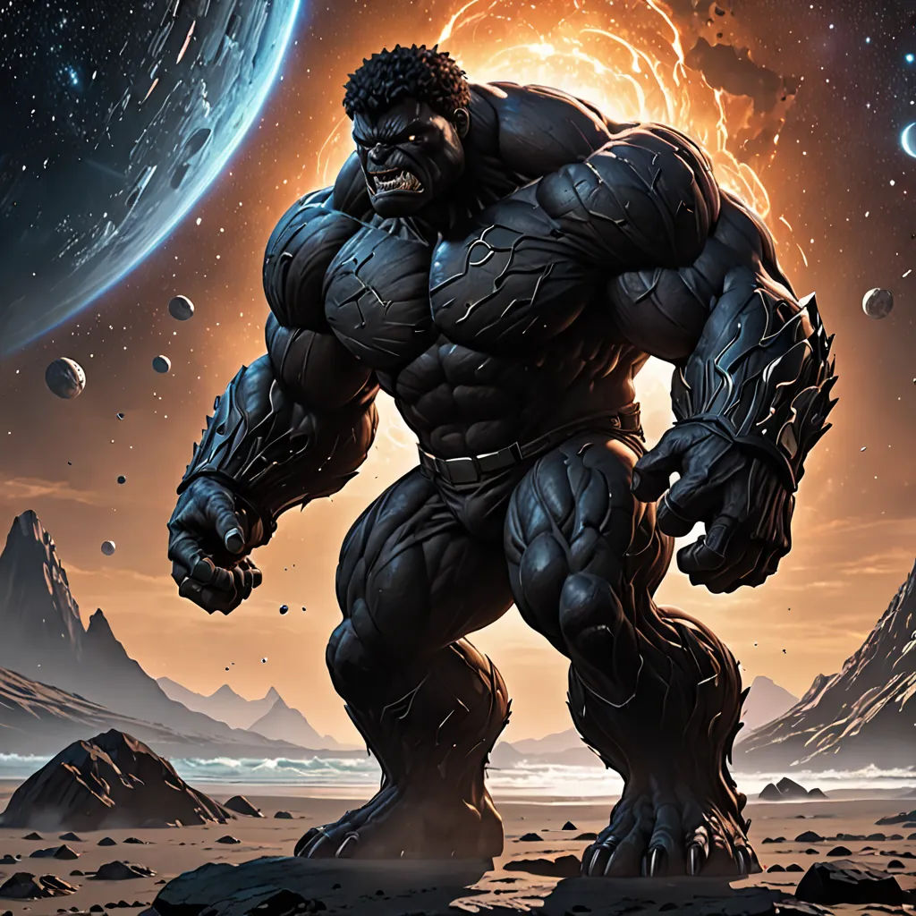 a painting of a giant man standing in front of a planet with a huge, black gorilla on it, afrofuturism, a comic book panel, Alex Horley-Orlandelli, marvel comics