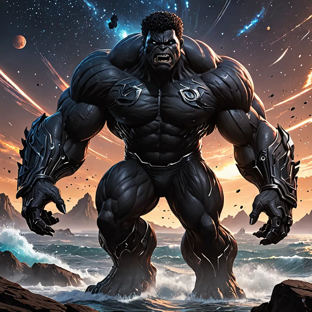 a giant man standing in the ocean with a sky background and stars in the sky above him, and a planet in the background, afrofuturism, a comic book panel, Anthony Palumbo, marvel comics