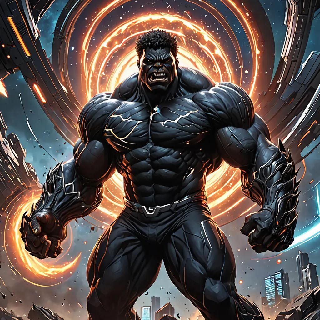 a man in a black suit standing in front of a city with a giant ring around him and his hands in his pockets, photorealism, a comic book panel, Anthony Palumbo, marvel comics