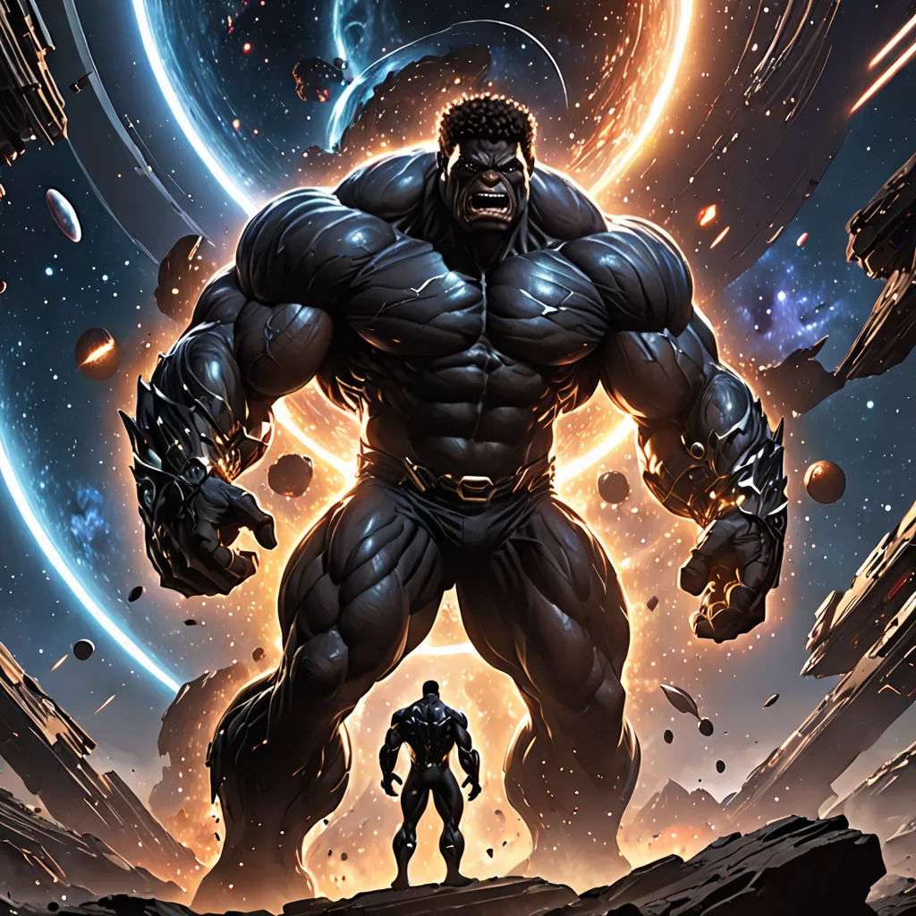 a man standing in front of a giant, black gorilla in a space scene with planets and stars in the background, space art, a comic book panel, Clint Cearley, comic cover art