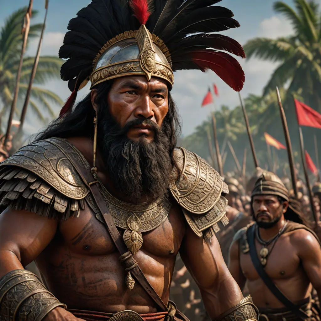 a man with a beard and a big headdress standing in front of a group of men in costume, Altoon Sultan, sumatraism, a detailed matte painting, weta digital