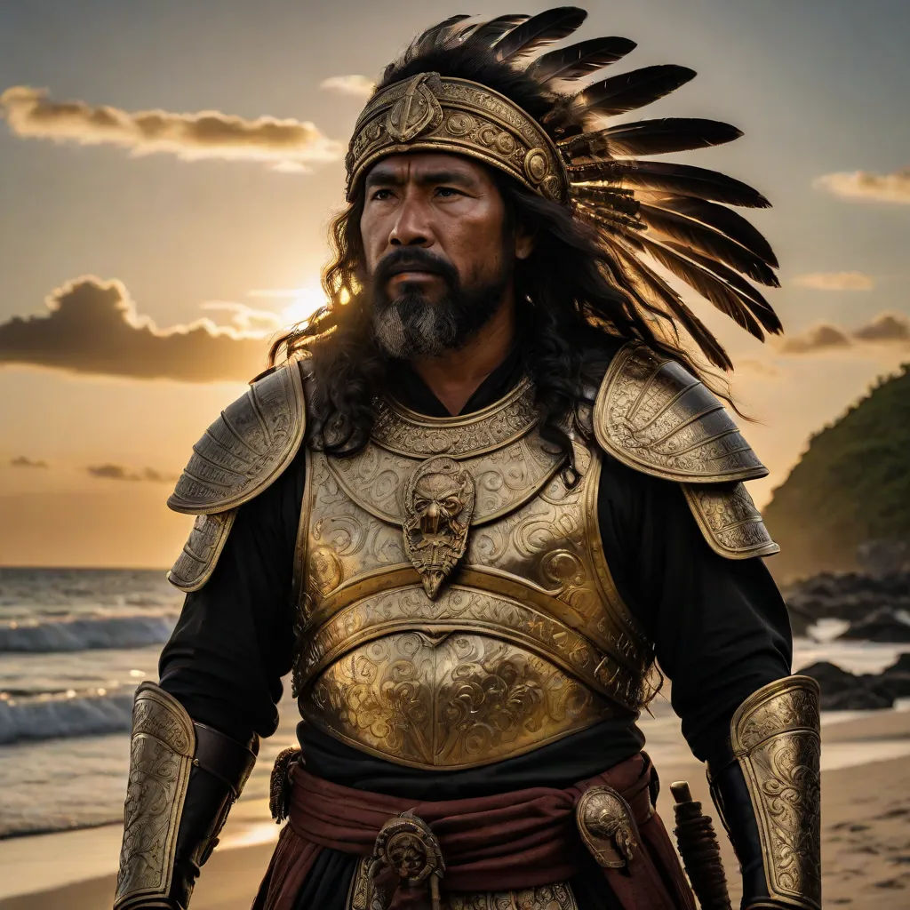 a man in a costume standing on a beach near the ocean at sunset with a headdress on, Bruce Onobrakpeya, sumatraism, a character portrait, weta digital