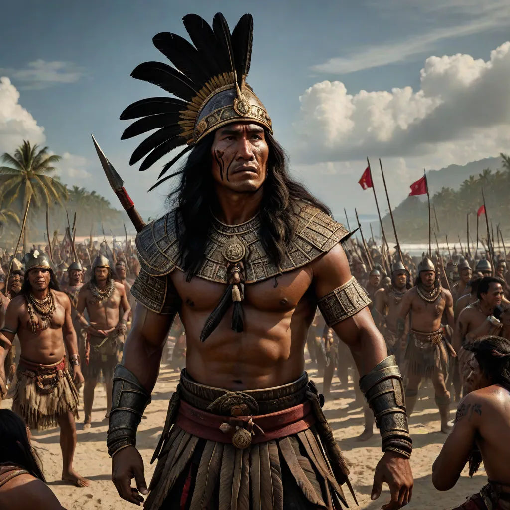 a man in a costume standing in front of a group of people on a beach with flags and a sky background, Eddie Mendoza, antipodeans, a detailed matte painting, weta digital