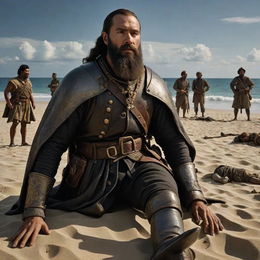a man in a full armor sitting on a beach with other men in the background in the sand,, Clovis Trouille, antipodeans, a character portrait, promotional image