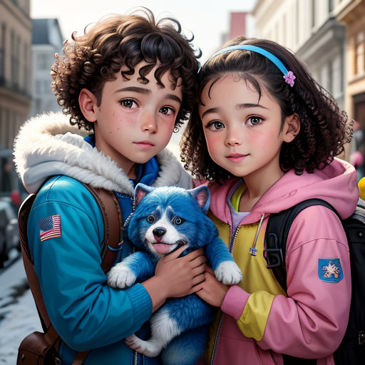 two children are standing next to each other holding a dog and a backpack on a city street with buildings in the background