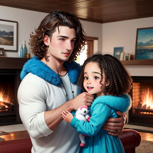 a man holding a little girl in front of a fire place with a fireplace in the background and a picture of a woman holding a stuffed animal