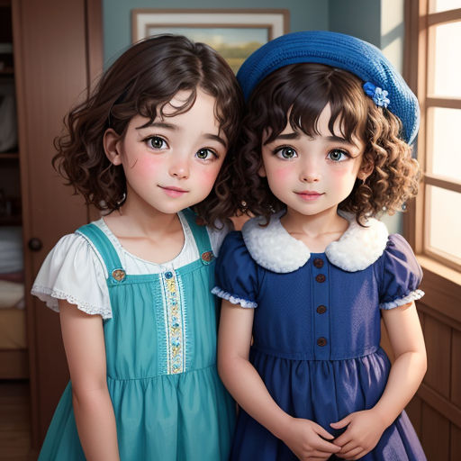 two little girls standing next to each other in a room with a window and a door in the background
