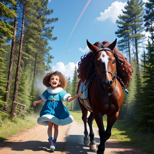 a little girl is walking next to a horse on a path in the woods with a rainbow in the sky