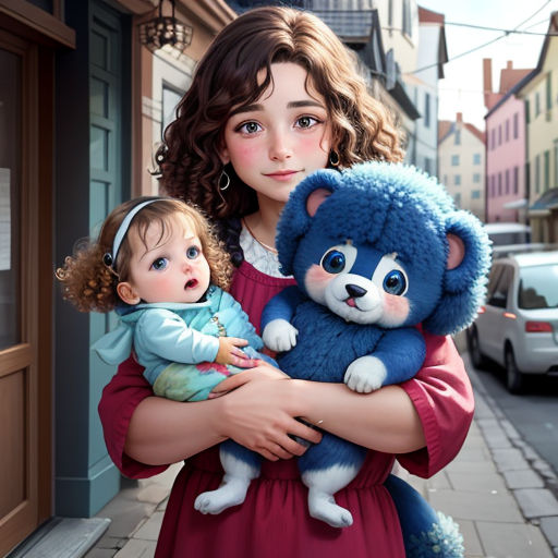 a woman holding a baby and a blue teddy bear in her arms on a city street with parked cars