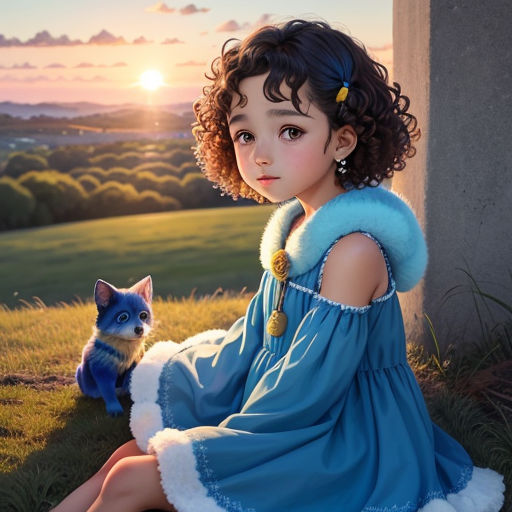 a painting of a little girl sitting on the ground next to a cat and a cat looking at the camera