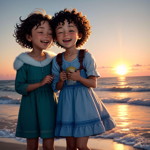 two young girls standing on a beach at sunset with the sun in the background and the ocean in the foreground