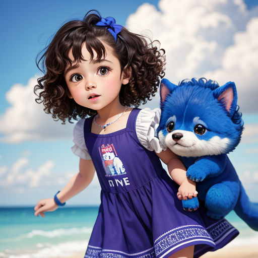 a little girl holding a stuffed animal on the beach with a blue fox on her back and a blue sky with clouds
