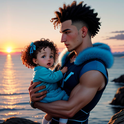 a man holding a child in his arms near the ocean at sunset or sunrise time, with the sun setting behind him