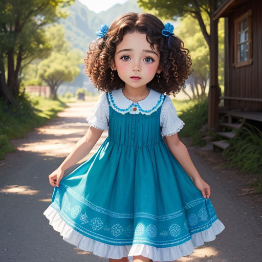 a little girl in a blue dress is standing on a road with a house in the background and trees