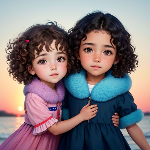 two little girls standing next to each other near the ocean at sunset with a pink sky in the background