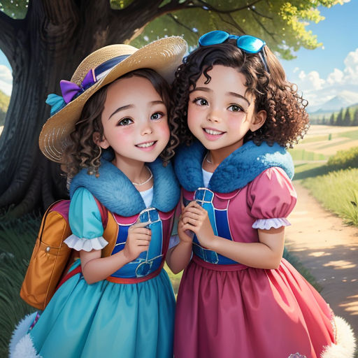 two little girls dressed in costumes standing next to each other in a park with a tree in the background