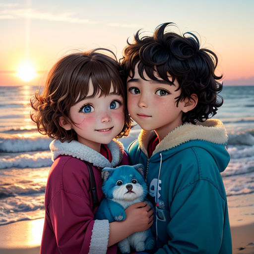 two children are hugging on the beach at sunset with the sun in the background and the ocean in the foreground